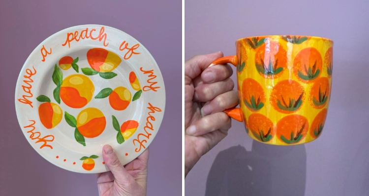 An orange plate and mug with a purple background from Minkin Art Cafe.
