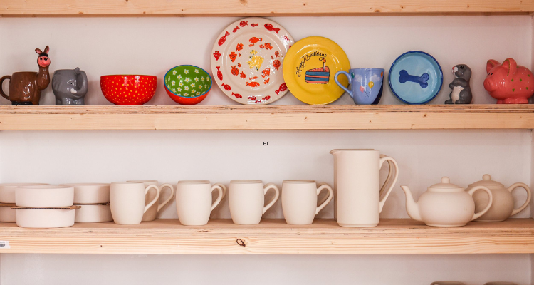 Pottery on a shelf at Moss Studio Manchester.