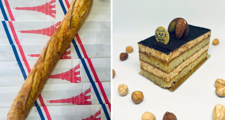 Baguette and cake from Patisserie Sainte Anne.