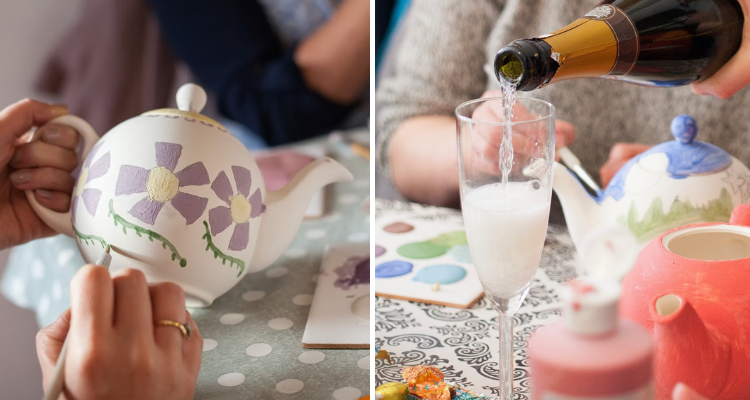 Champagne being poured and a tea pot being painted.