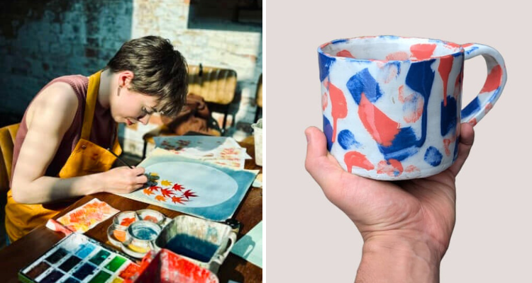 Someone painting and a mug from seven limes pottery.