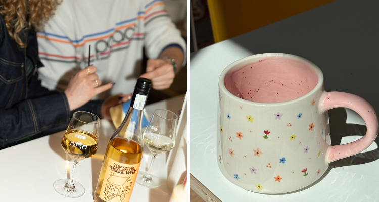 Girls with wine painting pottery and a painted mug.