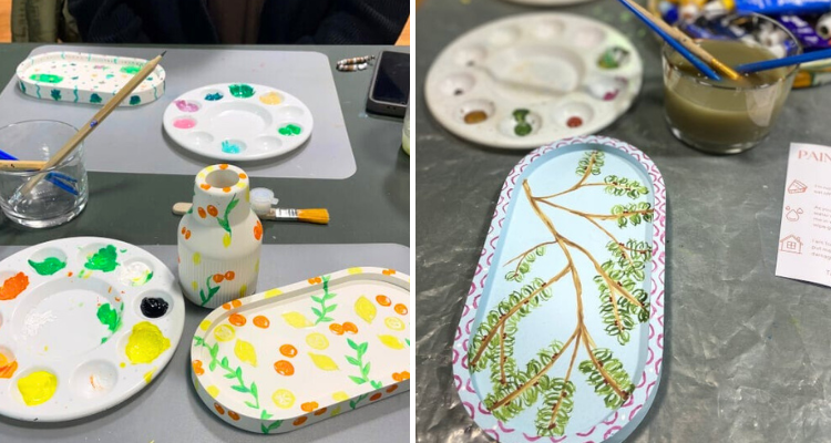 Some jewellery holders being painted and pots from Studio Dawn in Manchester.