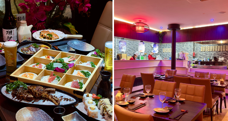 The interiors and a box of sushi at Sushi Mami Manchester.