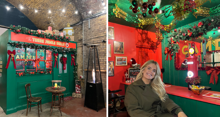 The Three Jingle Bells pub exterior with a girl sitting in a stool inside