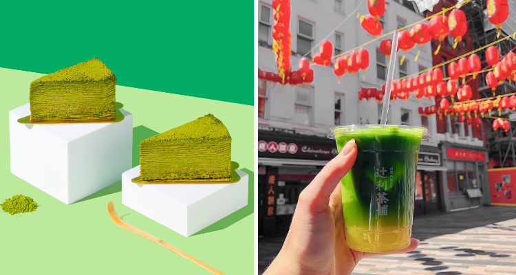 Someone holding Tsujiri matcha in Chinatown and matcha crepe cake.