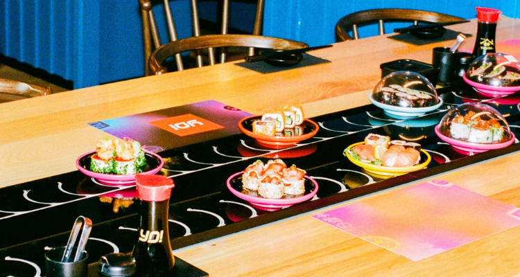 Sushi at YO! Sushi in Manchester on the table. 