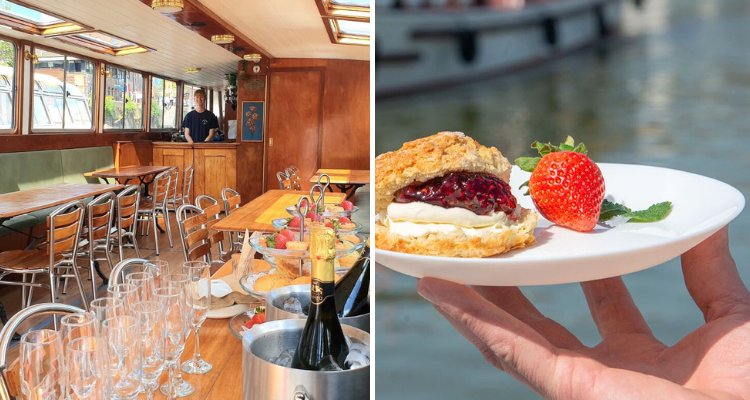 Afternoon tea and inside of Bristol Packet Boat Trips.