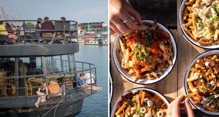 Outside of Grain Barge, and some people sharing chips.
