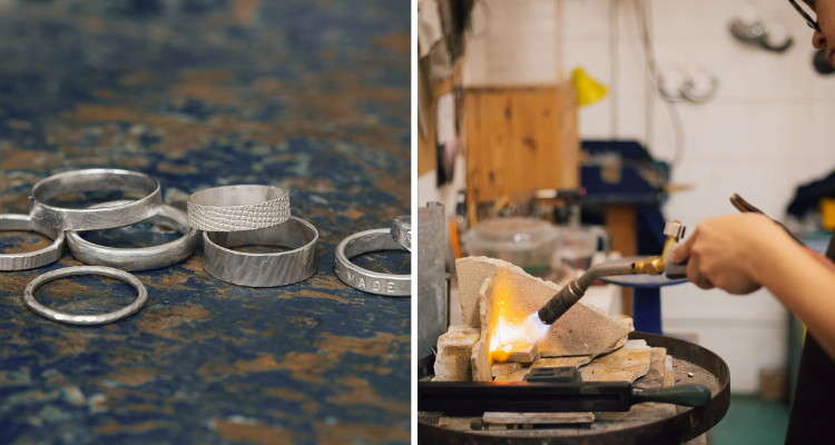 Silver rings and someone firing at a jewellery workshop called Made By Ore.
