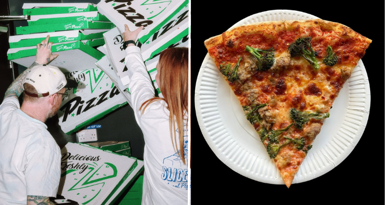 Pizza boxes and a broccoli topped pizza from Slice Club.