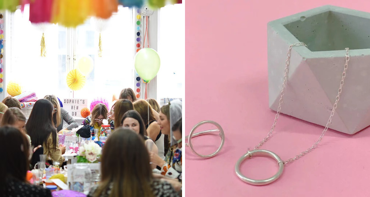 Tea and Crafting hen do and picture of a silver necklace.