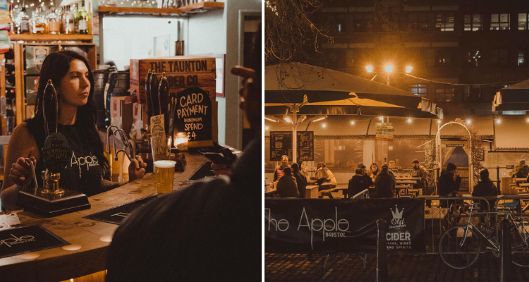 Girl behind bar and the outside of The Apple in Bristol.