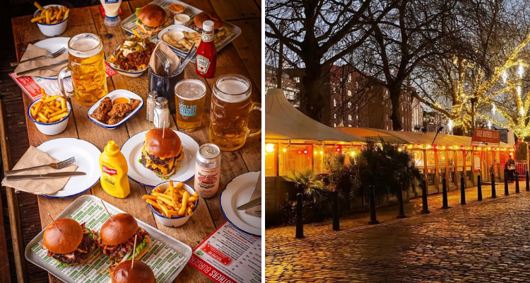 Food on the table and outside of the boat of Three Brothers Burgers.
