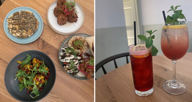 A collage of vibrant plates, including curry cauliflower, next to a shot of Aram's colourful cocktails.