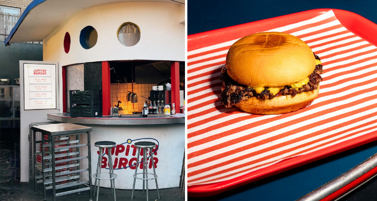 Jupiter Burger and the outside of the stool in Netil Market.