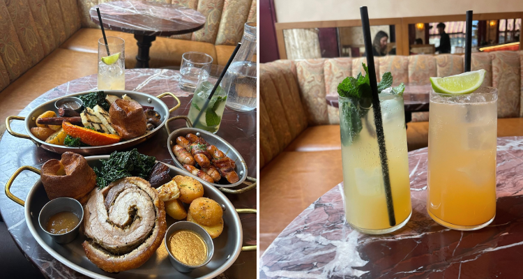 A collage at The Good Oak: the left picturing a ginormous roast dinner next to a shot of two orange-coloured cocktails.