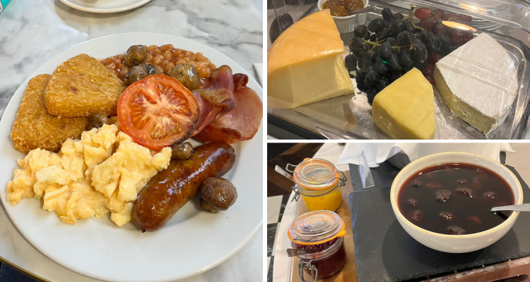 Breakfast at Burnham Beeches Hotel, including a fry-up, cheeses, and berry compote.
