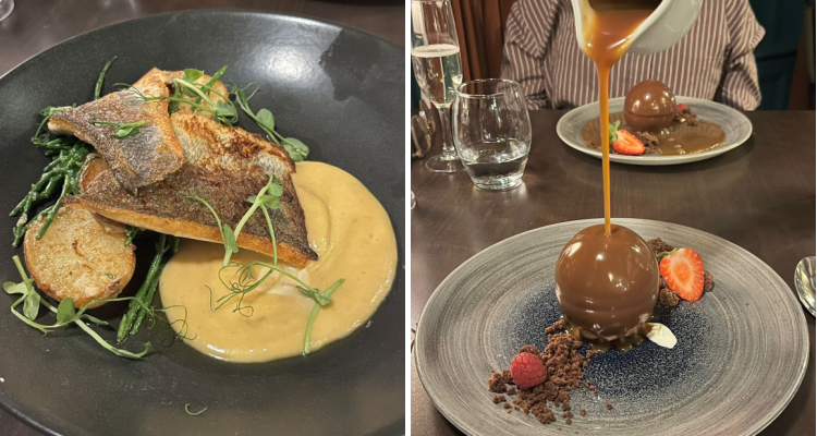 Fried seabass with miso sauce, potatoes and samphire, next to a chocolate dessert covered in caramel sauce.