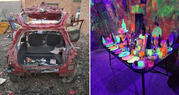 Cars and crockery at Angry Smash Essex.