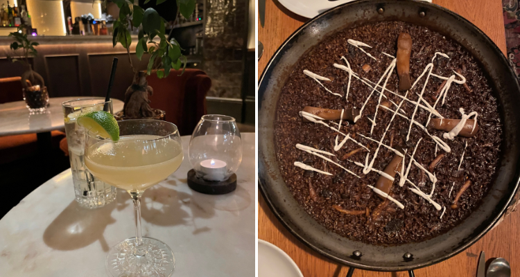 A collage of Fuego London and Arros QD: a huge paella and two elegant cocktails on candelelit table.