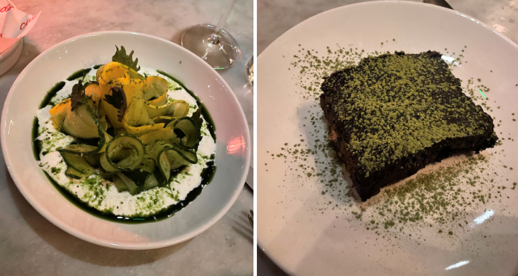 Courgette carpaccio and ube tiramisu from Caia.