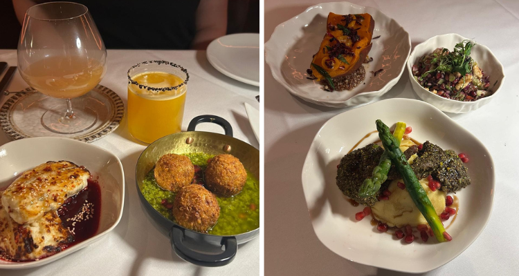 A collage of vibrant plates, including crusted lamb, giant asparagus spears and halloumi drizzled in fuchsia-coloured oil.