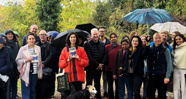 People on Hampstead Heath in rain for Emily's Walking Book Club.