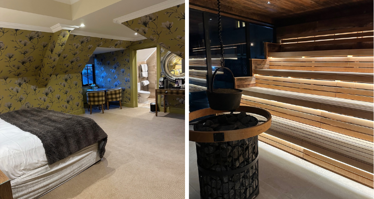 Bedroom and sauna at Gleddoch Hotel Glasgow.