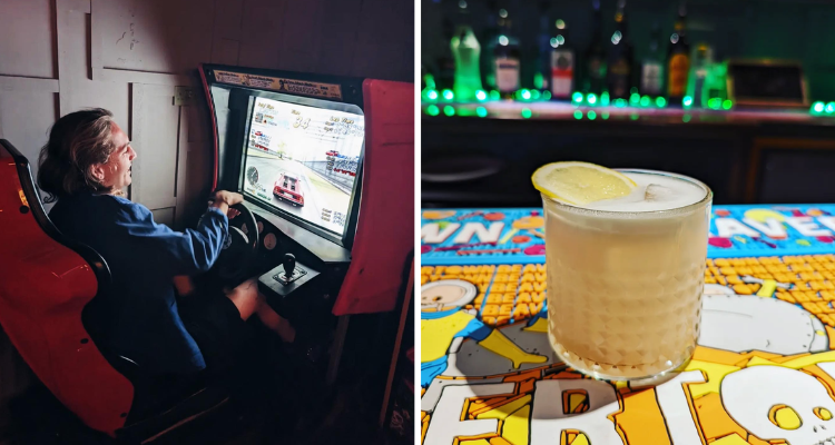 Arcade game and cocktail at Mortal Kocktail Edinburgh.