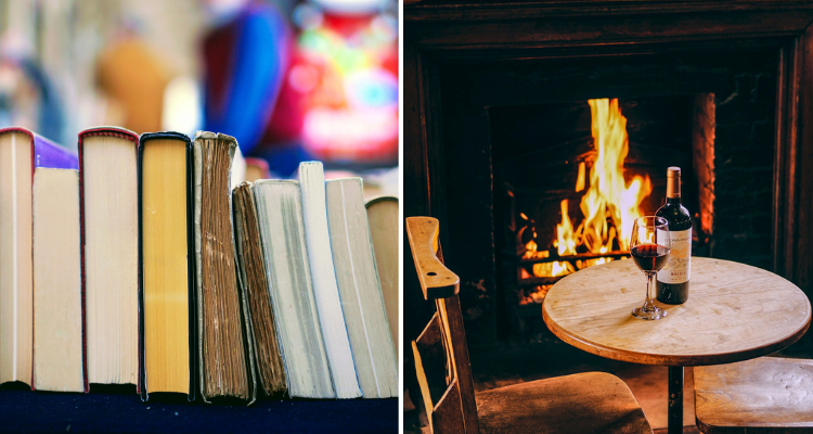 Rose & Crown fireplace and stack of books.