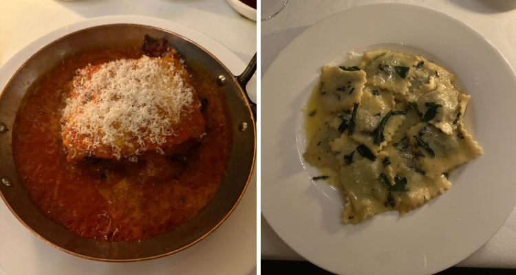 Aubergine parmigiana and ravioli at Sale e Pepe.