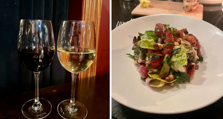 Two glasses of wine and the winter salad at The Elizabeth.