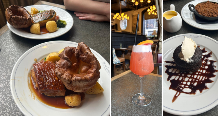 A collage of roast dinners, bright cocktails and a duo of desserts (a brown cake with cream alongside crumble presented in a skillet)