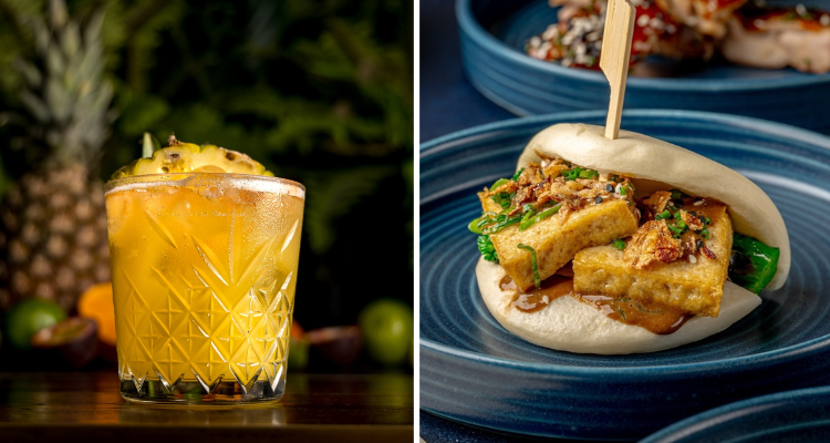 Collage of a cocktail and a bao bun at Amazing Grace London.