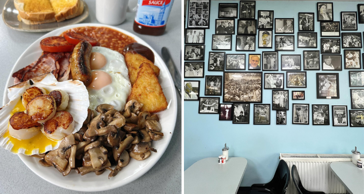 Breakfast and interior at Billingsgate Cafe London.