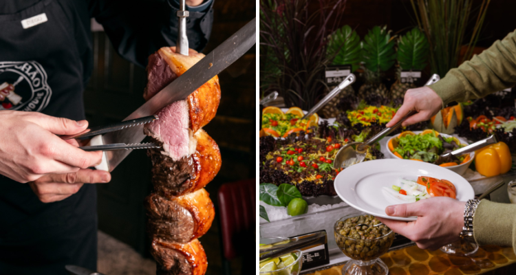 Meat skewer being carved with a knife and a salad buffet bar at Fogo de Chao Soho.