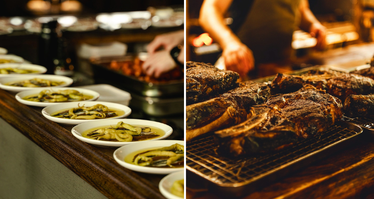 Food on the counter and steak at Ibai in London.