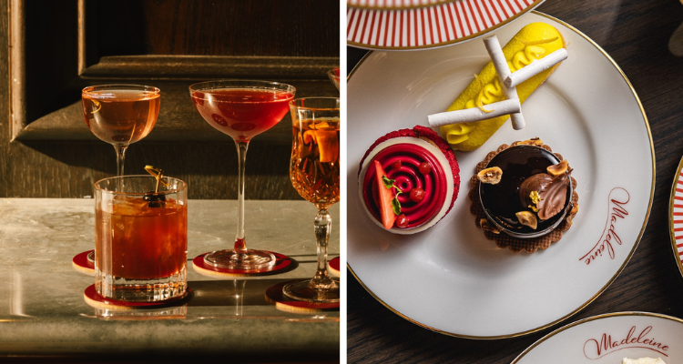 Collage of desserts and cocktails at Madeleine Bar.