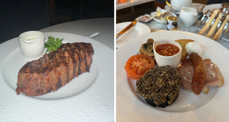 Steak and Scottish breakfast at Mar Hall's restaurant.