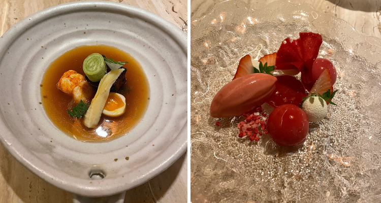 Surf and turf and strawberry dessert from Materia.