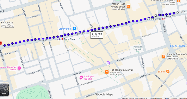 A Google Map screenshot of the vehicle-free zone across Oxford Street