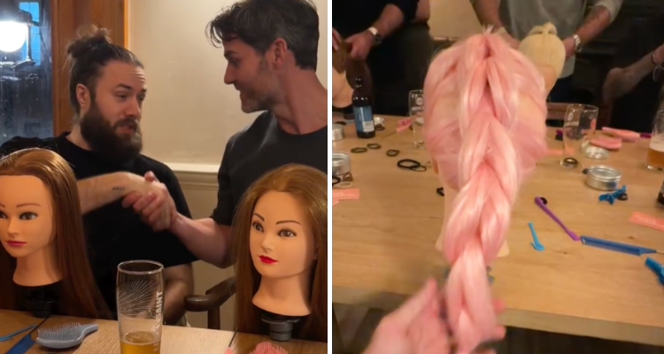 Dads learning to style hair using mannequins at a local pub
