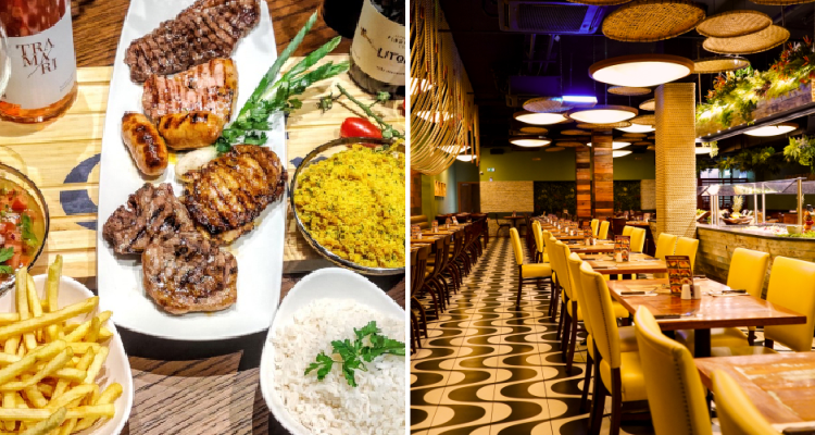 Platter of Brazilian barbecued meats and the interiors of Rodizio Roco restaurant in O2 Arena, London.