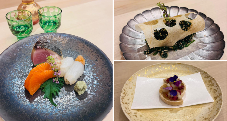 Dishes at Roketsu in Marylebone; sushi, sesame salad and foie gras.