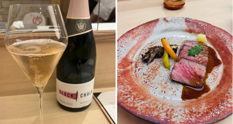 Food and drink at Roketsu in Marylebone; Black Chalk sparkling rose and wagyu beef.