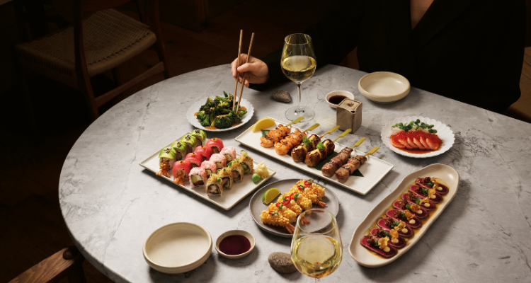 Flat lay of Sticks'n'Sushi Manchester food. 