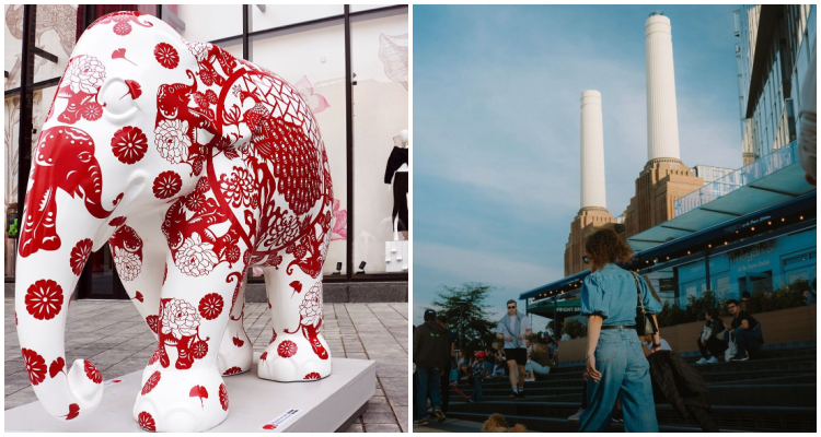 An Elephant Parade elephant statue painted white and red and a woman walking in front of Battersea Power Station.