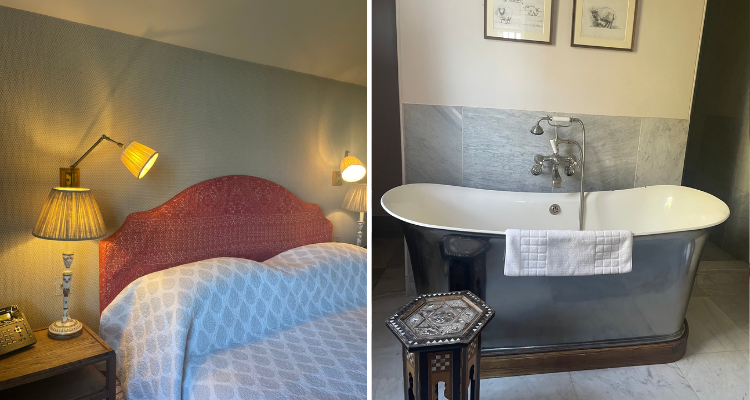 Double standard room at the Gunton Arms and bathtub.