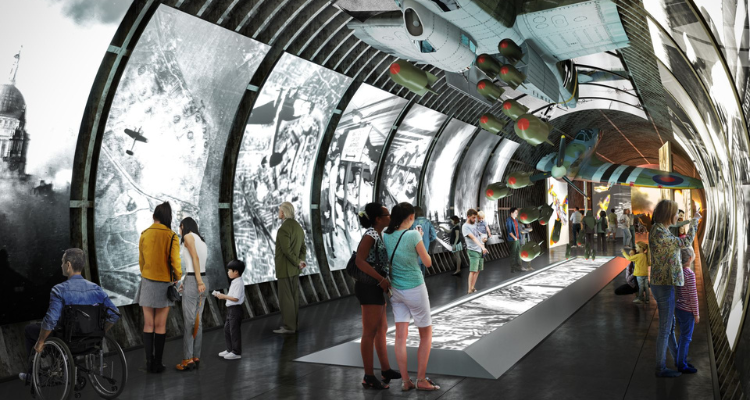 An image of crowds looking at digital screens surround by wartime displays.